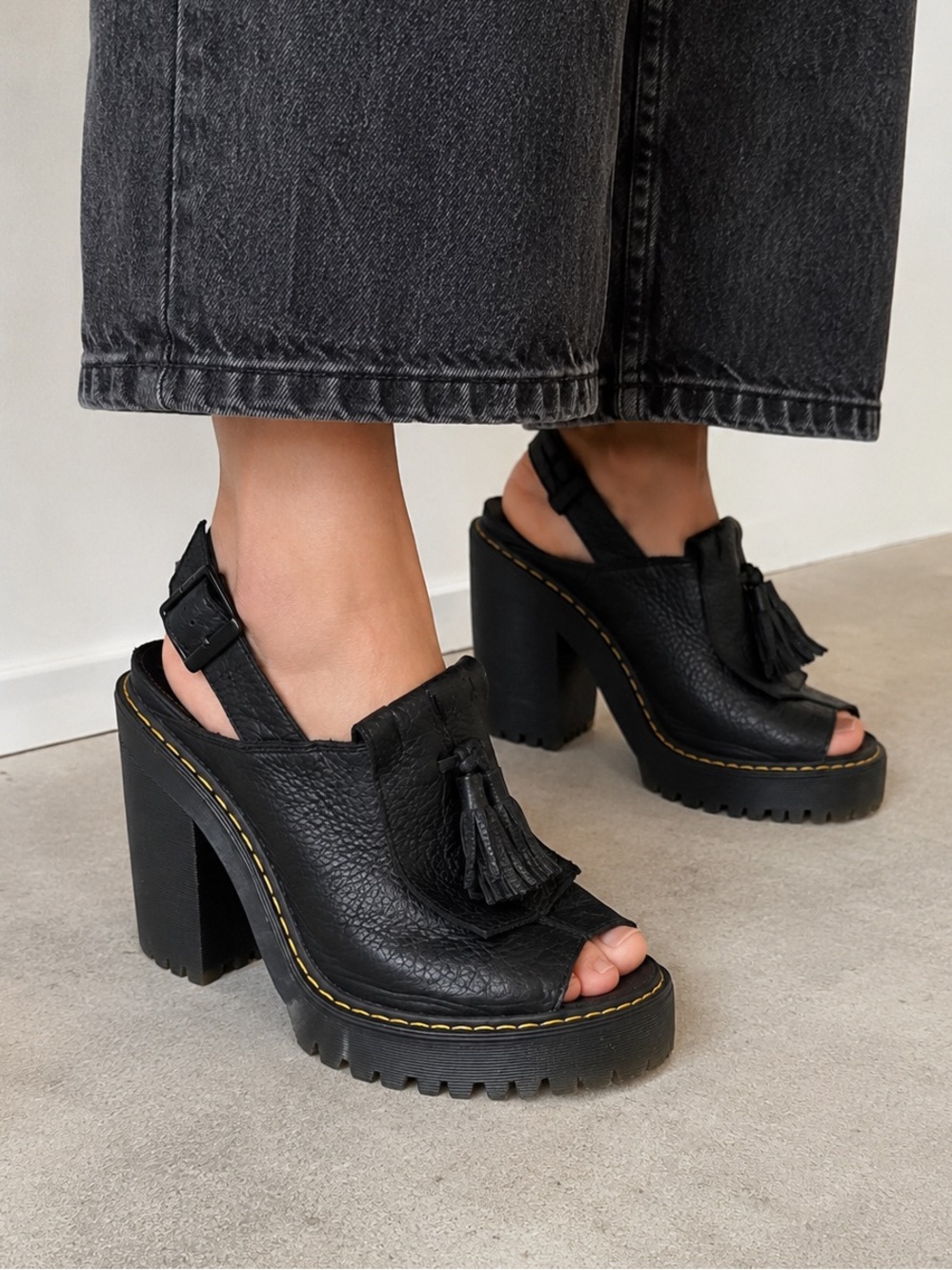 Dr. Martens Black Tassel Platform Slingback Block Heels 8.5 Saraphina